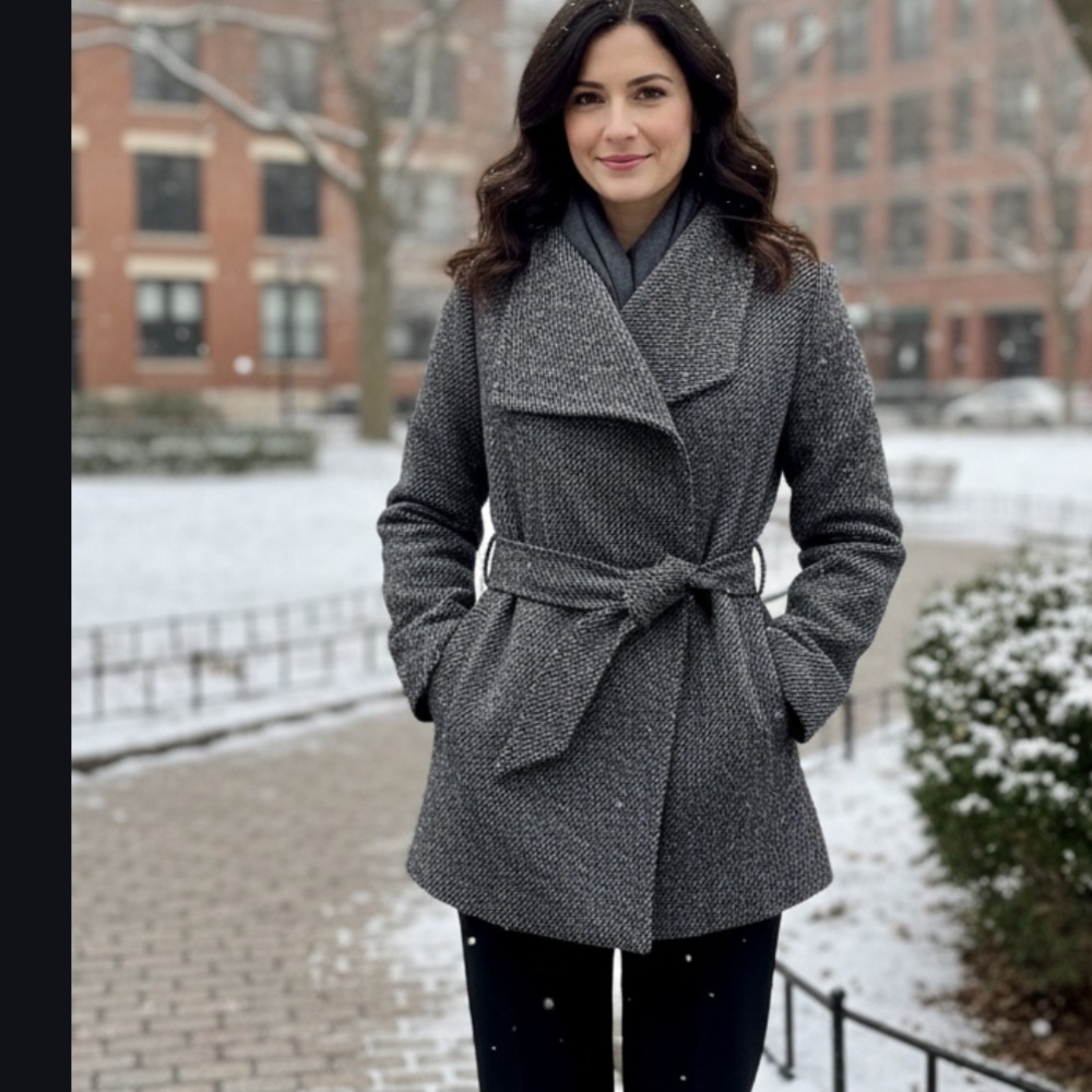 Attention Black/ White Wool Blend Belted Wrap Coat Mid- Length Women’s Medium